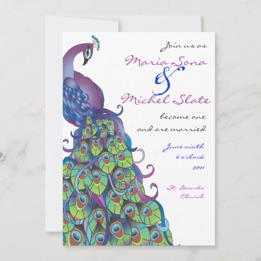 Peacock Theme Wedding Invitation Invite Blue Kaart (Voorkant)