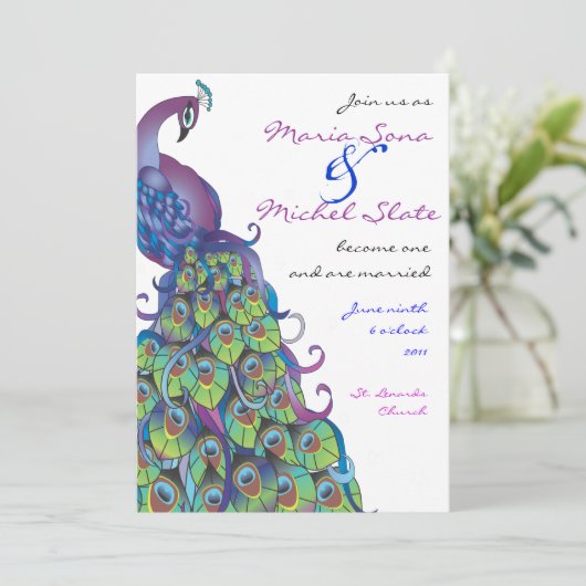 Peacock Theme Wedding Invitation Invite Blue Kaart (Staand voorkant)