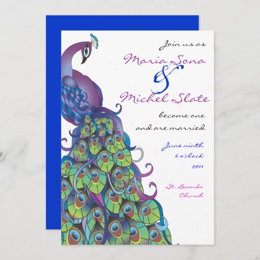 Peacock Theme Wedding Invitation Invite Blue Kaart (Voorkant / Achterkant)