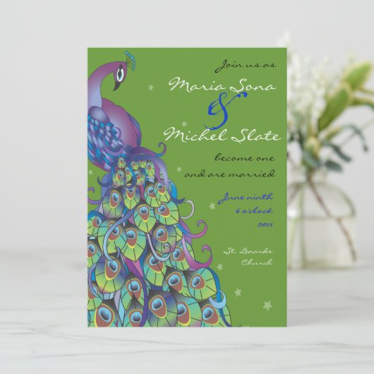 Peacock Theme Wedding Uitnodiging groen blad uit (Staand voorkant)