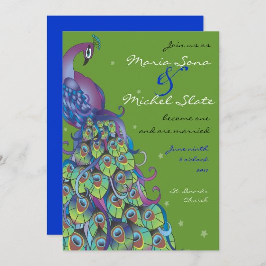 Peacock Theme Wedding Uitnodiging groen blad uit (Voorkant / Achterkant)