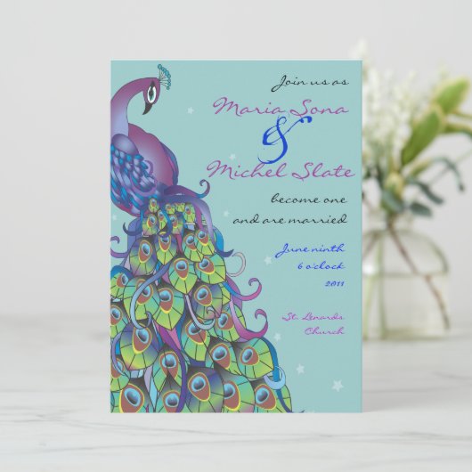 Peacock Theme Wedding Uitnodiging licht blauw (Staand voorkant)