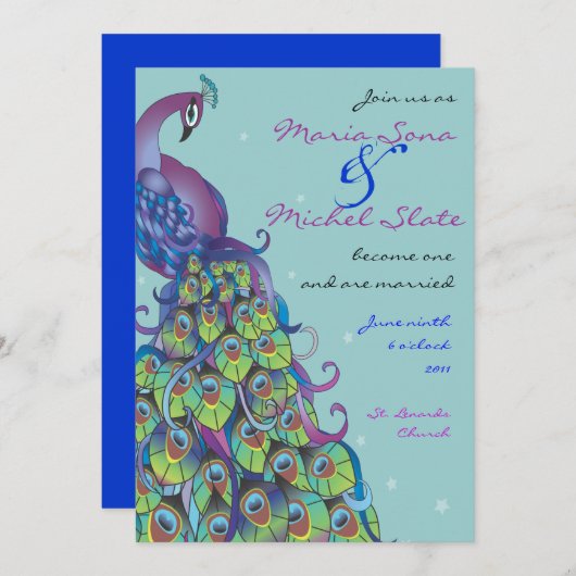 Peacock Theme Wedding Uitnodiging licht blauw (Voorkant / Achterkant)