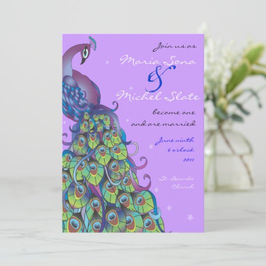 Peacock Theme Wedding Uitnodiging tot Paars (Staand voorkant)