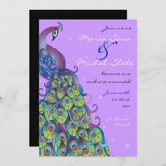 Peacock Theme Wedding Uitnodiging tot Paars (Voorkant / Achterkant)