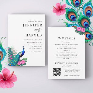 Peacock Tropical Floral QR-code Alles in één bruil Kaart