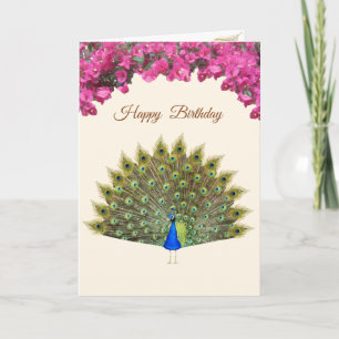 Peacock & Tropical Flowers on Ivory Birthday Notitiekaartje