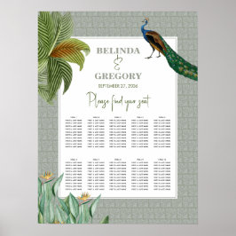 Peacock Tropical Greenery Wedding Seating Chart Poster