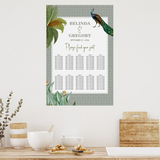 Peacock Tropical Greenery Wedding Seating Chart Poster (Keuken)