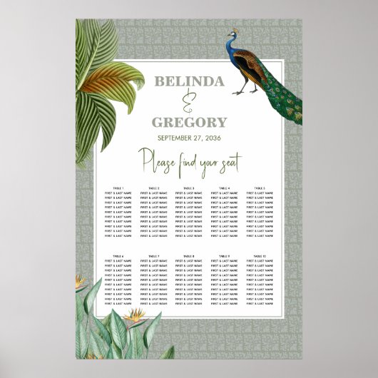 Peacock Tropical Greenery Wedding Seating Chart Poster (Voorkant)