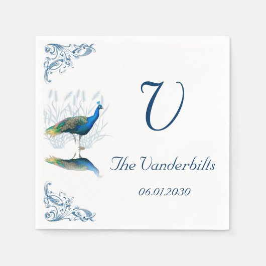 Peacock Tuin in Blauw en Wit Bruiloft Servet (Voorkant)