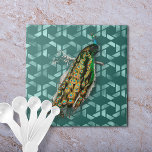 Peacock van D'Orbigny Tegeltje<br><div class="desc">pauw van de naturalist uit de 19de eeuw en kunstenaar Charles D'Orbigny. De achtergrond is groene zeshoeken.</div>