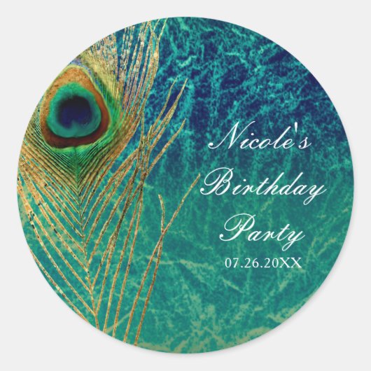 Peacock Veer Blauw Blauwgroen Goud Exotische Custo Ronde Sticker (Voorkant)