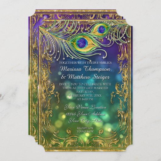 Peacock Veer Bruiloft Antiek Masker Bokeh Kaart (Voorkant / Achterkant)