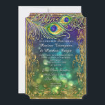 Peacock Veer Bruiloft Antiek  Masker Bokeh Kaart<br><div class="desc">Wilt u een elegante, feestelijke Peacock Feather Themes Party bruiloft uitnodiging die stijlvol en mooi is? Dit ontwerp heeft een sprankelende glitterlook lijsten rand en met de hand gekleurde pauwenveren versierd met grafisch ontworpen diamantjuwelen (LET OP: dit is een platte gedrukte uitnodiging er is geen echte gouden glitter of metaalinkt...</div>
