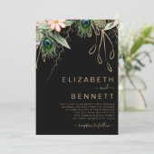 Peacock Veer Donkere bruiloft Uitnodiging (Staand voorkant)