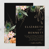 Peacock Veer Donkere bruiloft Uitnodiging (Voorkant / Achterkant)