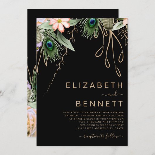 Peacock Veer Donkere bruiloft Uitnodiging (Voorkant / Achterkant)