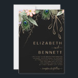 Peacock Veer Donkere bruiloft Uitnodiging<br><div class="desc">Donkere Peacock Feathers Wedding-ontwerp met koraalbloemen,  diepe blauwe blauwgroen vredesveren en witte botanische lijnen op een donkere zwarte achtergrond.</div>