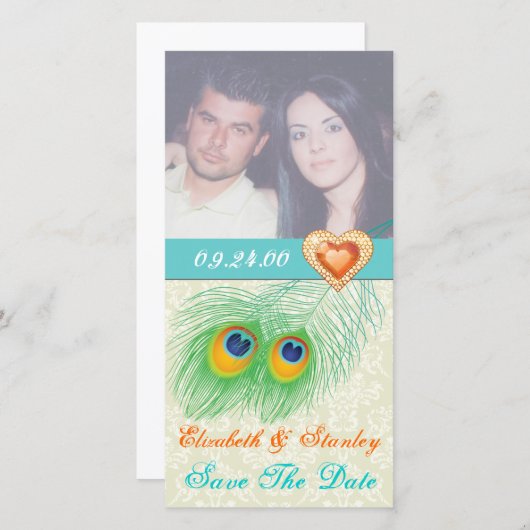 Peacock veer juweel hart bruiloft Save the Date (Voorkant / Achterkant)