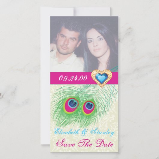 Peacock veer juweel hart bruiloft Save the Date (Voorkant)