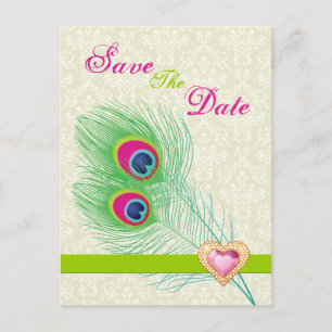 Peacock veer juweel hart bruiloft Save the Date Aankondigingskaart