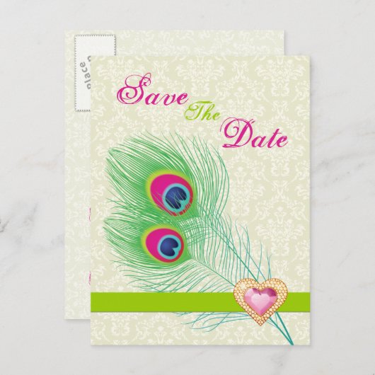 Peacock veer juweel hart bruiloft Save the Date Aankondigingskaart (Voorkant / Achterkant)