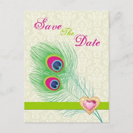 Peacock veer juweel hart bruiloft Save the Date Aankondigingskaart (Voorkant)