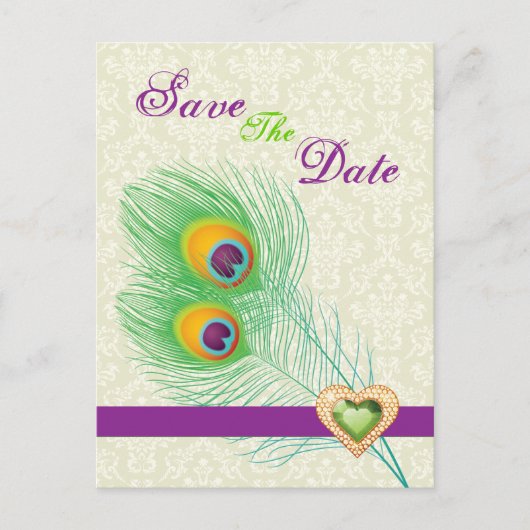 Peacock veer juweel hart bruiloft Save the Date Aankondigingskaart (Voorkant)