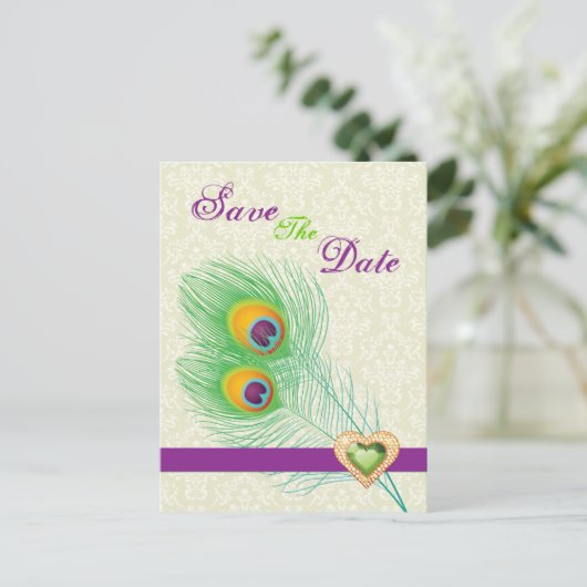 Peacock veer juweel hart bruiloft Save the Date Aankondigingskaart (Staand voorkant)