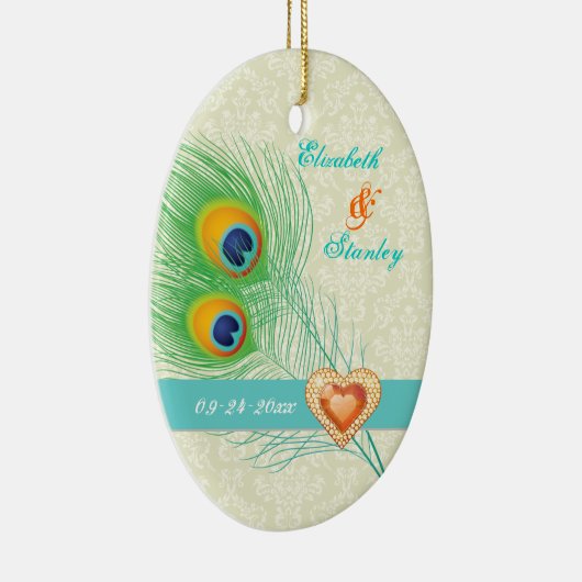 Peacock veer juweel hart bruiloft Save the Date Keramisch Ornament (Rechts)
