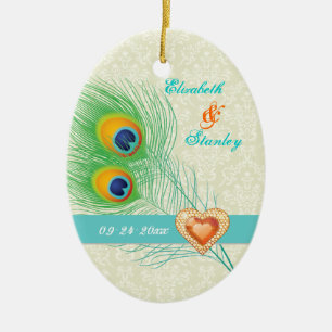 Peacock veer juweel hart bruiloft Save the Date Keramisch Ornament
