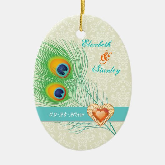 Peacock veer juweel hart bruiloft Save the Date Keramisch Ornament (Voorkant)