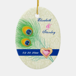 Peacock veer juweel hart bruiloft Save the Date Keramisch Ornament