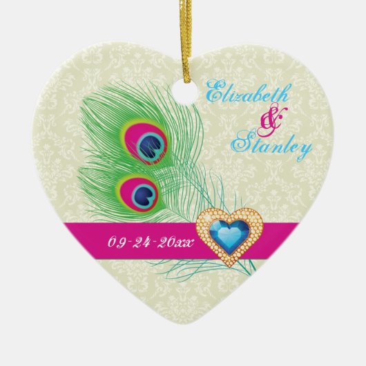 Peacock veer juweel hart bruiloft Save the Date Keramisch Ornament (Voorkant)