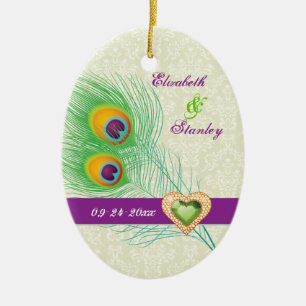 Peacock veer juweel hart bruiloft Save the Date Keramisch Ornament