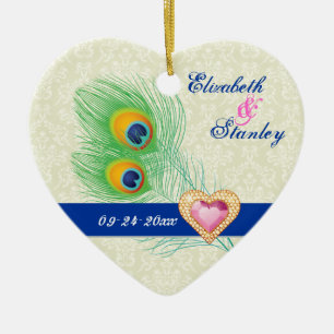 Peacock veer juweel hart bruiloft Save the Date Keramisch Ornament