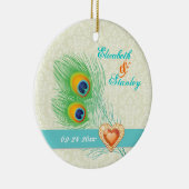 Peacock veer juweel hart bruiloft Save the Date Keramisch Ornament (Rechts)