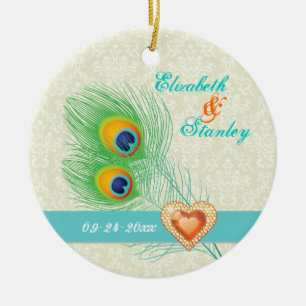 Peacock veer juweel hart bruiloft Save the Date Keramisch Ornament