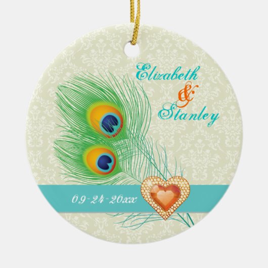 Peacock veer juweel hart bruiloft Save the Date Keramisch Ornament (Voorkant)