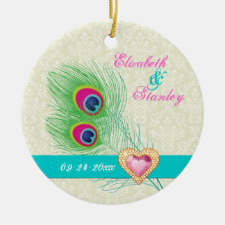 Peacock veer juweel hart bruiloft Save the Date Keramisch Ornament