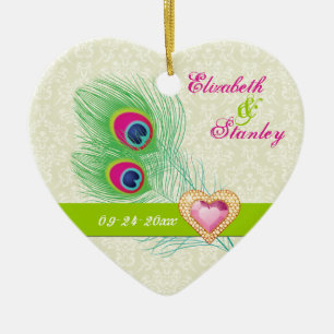 Peacock veer juweel hart bruiloft Save the Date Keramisch Ornament