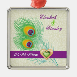 Peacock veer juweel hart bruiloft Save the Date Metalen Ornament