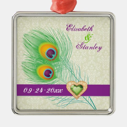 Peacock veer juweel hart bruiloft Save the Date Metalen Ornament (Voorkant)
