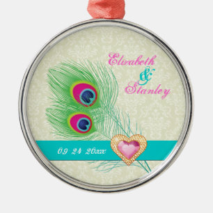 Peacock veer juweel hart bruiloft Save the Date Metalen Ornament