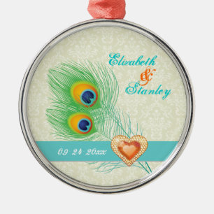 Peacock veer juweel hart bruiloft Save the Date Metalen Ornament