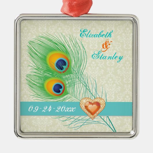 Peacock veer juweel hart bruiloft Save the Date Metalen Ornament (Voorkant)