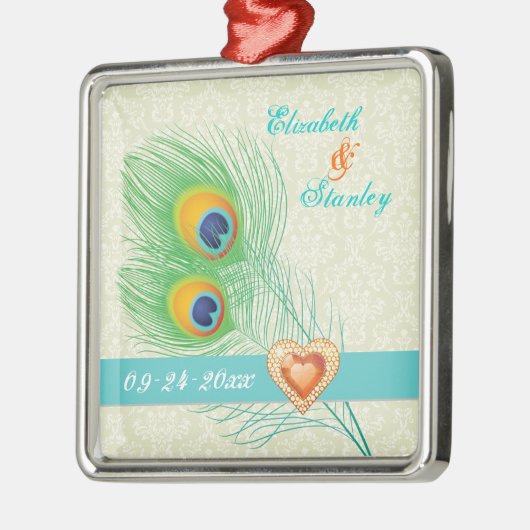 Peacock veer juweel hart bruiloft Save the Date Metalen Ornament (Links)