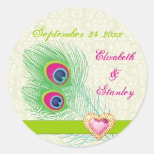 Peacock veer juweel hart bruiloft Save the Date Ronde Sticker