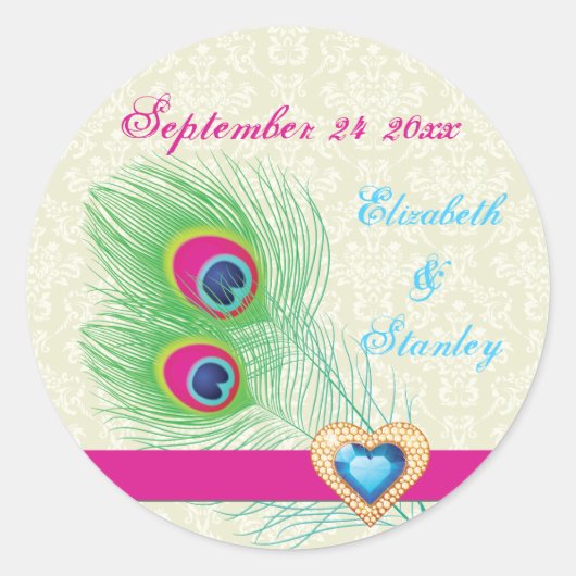 Peacock veer juweel hart bruiloft Save the Date Ronde Sticker (Voorkant)